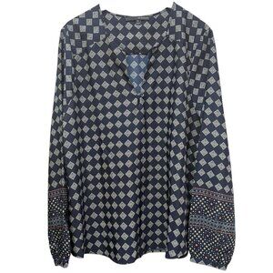 Harve Benard Womens Top XL Navy Blue Print Tunic Blouse Long Sleeve Boho